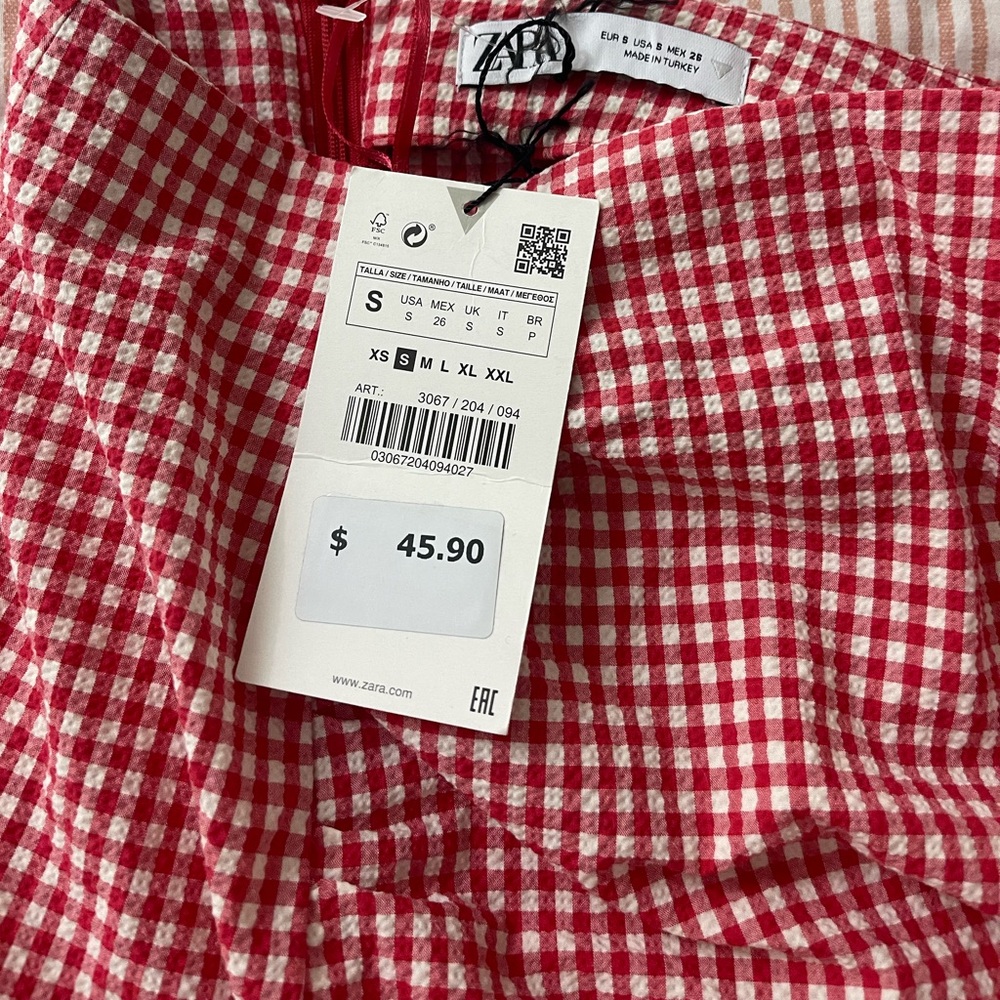 Zara Red & White Gingham Ruched Side-Slit Midi Skirt - Picture 7 of 7